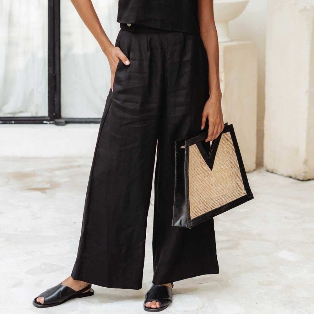 FREE the Label Black Monaco Wide Leg Cropped Linen Pants Size Large